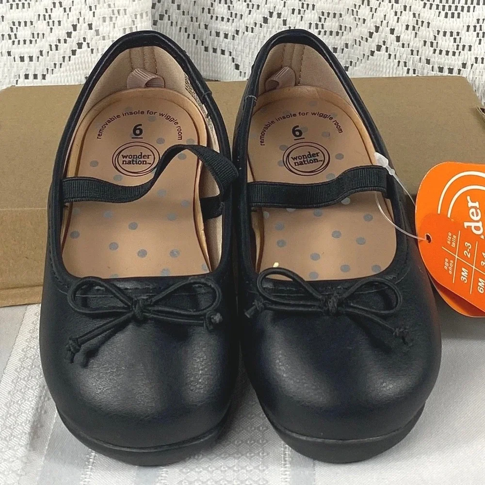 NWT Toddler Size 6 Wonder Nation Girls Black Bow Ballet Flats Elastic Strap Shoe